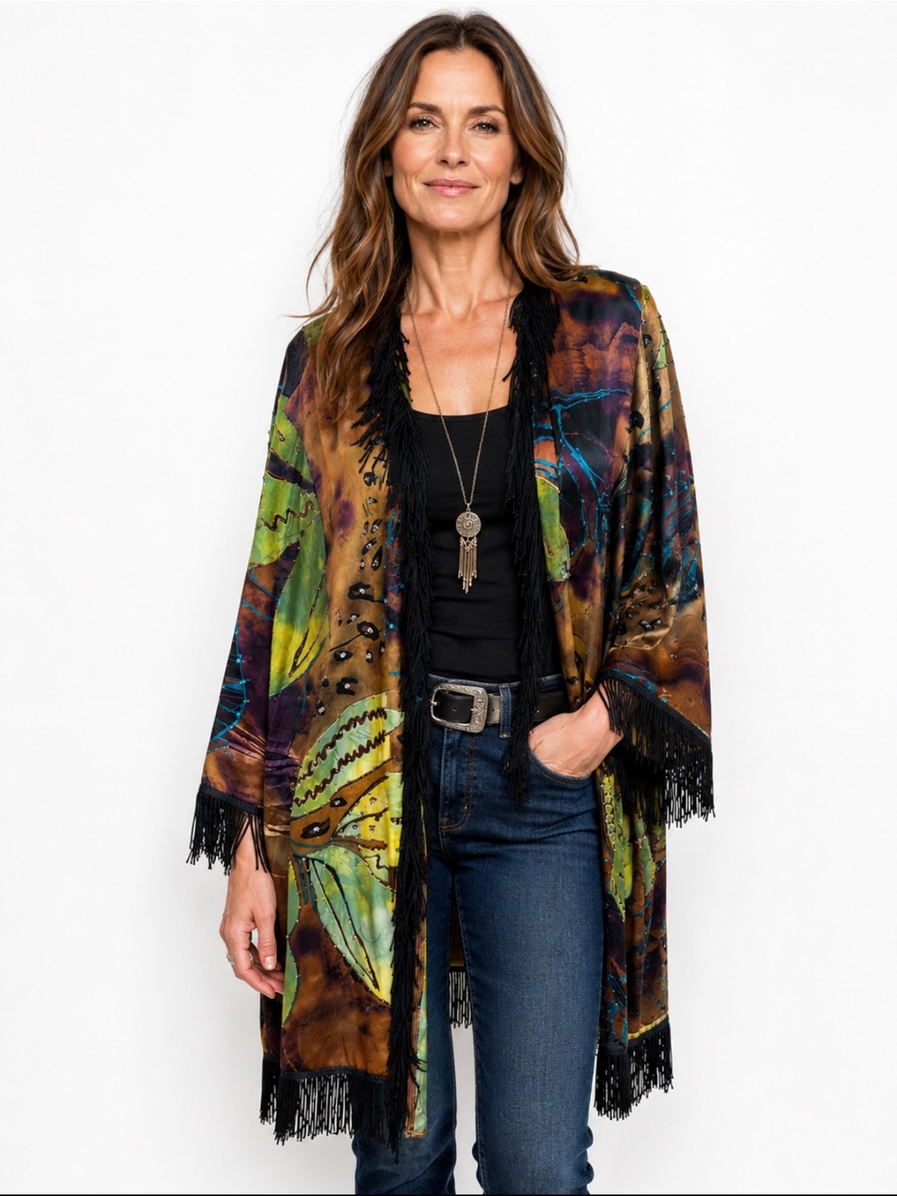 Mirasol Silk Blend Fringe Duster Kimono Jacket Boho Artsy Beaded Open Front L